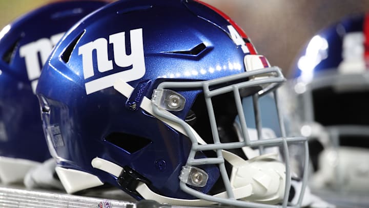 Oct 28, 2024; Pittsburgh, Pennsylvania, USA;  New York Giants helmets on the sidelines against the Pittsburgh Steelers during the third quarter at Acrisure Stadium. Mandatory Credit: Charles LeClaire-Imagn Images