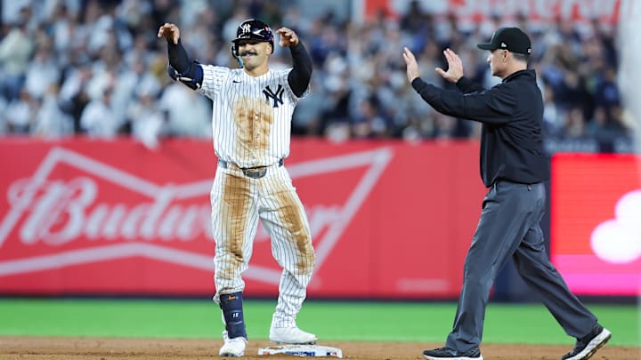 Oct 1, 2025; Bronx, New York, USA; New York Yankees center fielder Trent Grisham (12) celebrates after hitting a double during the seventh inning against the Boston Red Sox during game two of the Wildcard round for the 2025 MLB playoffs at Yankee Stadium. Mandatory Credit: Brad Penner-Imagn Images Oct 1, 2025; Bronx, New York, USA; New York Yankees center fielder Trent Grisham (12) celebrates after hitting a double during the seventh inning against the Boston Red Sox during game two of the Wildcard round for the 2025 MLB playoffs at Yankee Stadium. Mandatory Credit: Brad Penner-Imagn Images