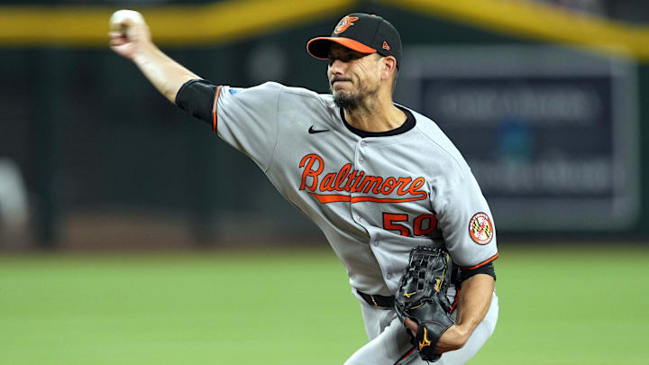 Apr 8, 2025; Phoenix, Arizona, USA; Baltimore Orioles pitcher Charlie Morton (50) pitches against the Arizona Diamondbacks during the fifth inning at Chase Field.