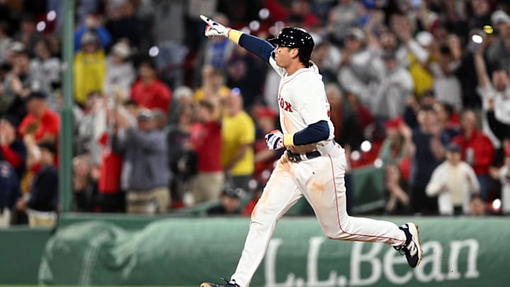 Apr 23, 2025; Boston, Massachusetts, USA; Boston Red Sox first base Triston Casas (36) runs the bases after hitting a three-run home run against the Seattle Mariners during the eighth inning at Fenway Park. Mandatory Credit: Brian Fluharty-Imagn Images