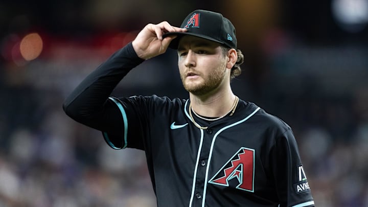 May 5, 2025; Phoenix, Arizona, USA; Arizona Diamondbacks pitcher Ryne Nelson reacts in the fourth inning against the New York Mets at Chase Field. Mandatory Credit: Mark J. Rebilas-Imagn Images May 5, 2025; Phoenix, Arizona, USA; Arizona Diamondbacks pitcher Ryne Nelson reacts in the fourth inning against the New York Mets at Chase Field. Mandatory Credit: Mark J. Rebilas-Imagn Images