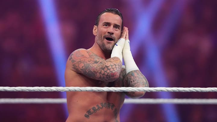 Jan 27, 2024; St. Petersburg, FL, USA; CM Punk reacts during the Men   s Royal Rumble match at Tropicana Field. Mandatory Credit: Joe Camporeale-Imagn Images