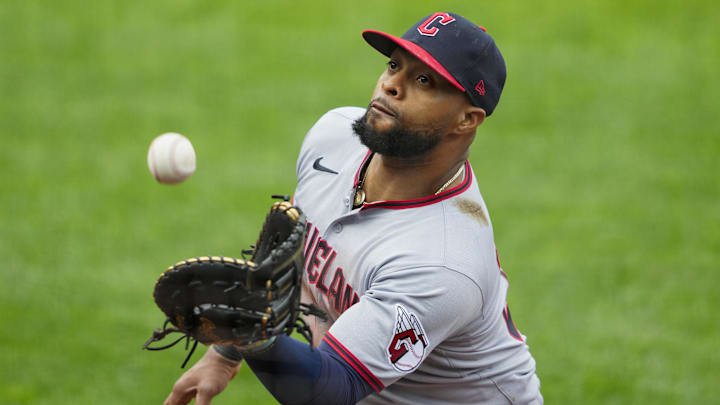 Mar 30, 2025; Kansas City, Missouri, USA; Cleveland Guardians first baseman Carlos Santana (41) catches a fly ball during the third inning against the Kansas City Royals at Kauffman Stadium. Mandatory Credit: Jay Biggerstaff-Imagn Images Mar 30, 2025; Kansas City, Missouri, USA; Cleveland Guardians first baseman Carlos Santana (41) catches a fly ball during the third inning against the Kansas City Royals at Kauffman Stadium. Mandatory Credit: Jay Biggerstaff-Imagn Images