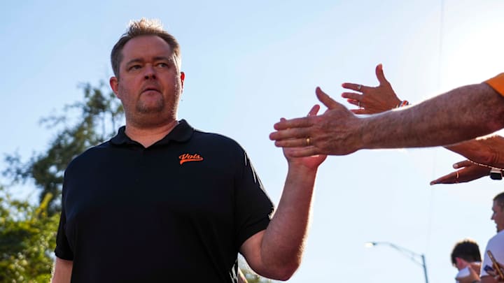 Tennessee head coach Josh Heupel high-fives fans during the Vol Walk before a game between Tennessee and Florida in Neyland Stadium, in Knoxville, Tenn., Oct. 12, 2024. Tennessee head coach Josh Heupel high-fives fans during the Vol Walk before a game between Tennessee and Florida in Neyland Stadium, in Knoxville, Tenn., Oct. 12, 2024.