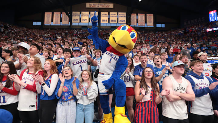 Kansas Jayhawks mascot Big Jay gets the crowd hyped during the game against BYU Cougars inside Allen Fieldhouse on Jan. 31, 2026. Kansas Jayhawks mascot Big Jay gets the crowd hyped during the game against BYU Cougars inside Allen Fieldhouse on Jan. 31, 2026.