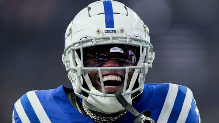 Indianapolis Colts cornerback Kenny Moore II (23) celebrates after sacking Chicago Bears quarterback Caleb Williams (18) on Sunday, Sept. 22, 2024, during a game against the Chicago Bears at Lucas Oil Stadium in Indianapolis.