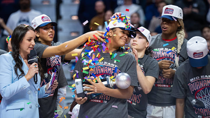 UConn forward Sarah Strong named Big East Player Of The Year as they celebrate their Big East championship win.