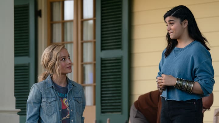 (L-R): Brie Larson as Captain Marvel/Carol Danvers and Iman Vellani as Ms. Marvel/Kamala Khan in Marvel Studios' THE MARVELS. Photo by Laura Radford. © 2023 MARVEL.