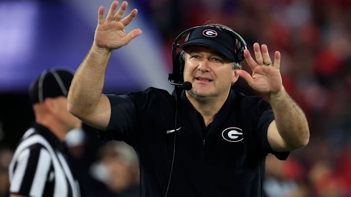 Georgia Bulldogs head coach Kirby Smart tells the students section to calm down during the fourth quarter of an NCAA football game, Saturday, Nov. 1, 2025, at EverBank Stadium in Jacksonville, Fla. Georgia held off Florida 24-20. [Corey Perrine/Florida Times-Union]