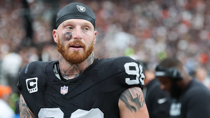 Sep 28, 2025; Paradise, Nevada, USA; Las Vegas Raiders defensive end Maxx Crosby (98) looks on from the sideline during the first quarter against the Chicago Bears at Allegiant Stadium. Mandatory Credit: Kiyoshi Mio-Imagn Images