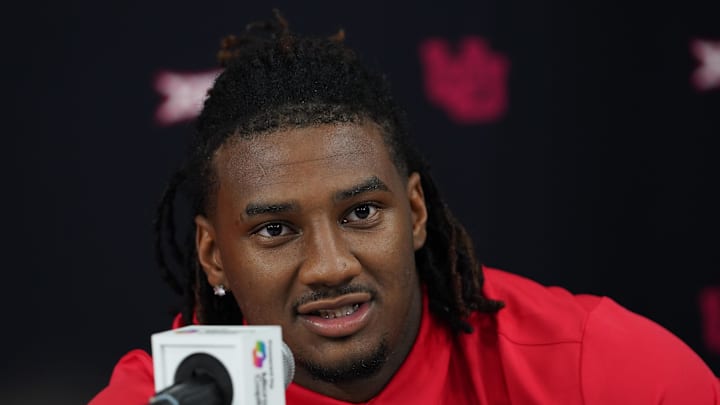 Jul 9, 2025; Frisco, TX, USA; Utah quarterback Devon Dampier speaks with the media during 2025 Big 12 Football Media Days at The Star. Mandatory Credit: Raymond Carlin III-Imagn Images