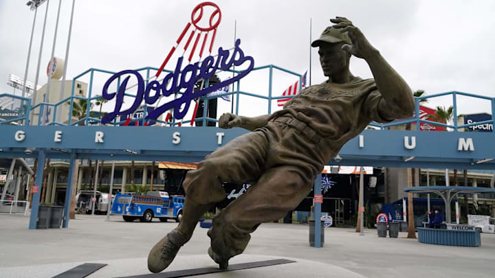 Los Angeles, California, USA; A general overall view of statue of Jackie Robinson (42)  at Dodger Stadium.