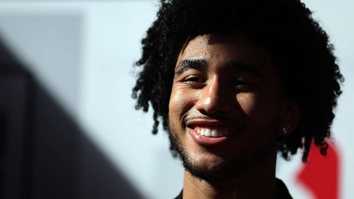 Jun 26, 2024; Brooklyn, NY, USA; Jared McCain arrives before the first round of the 2024 NBA Draft at Barclays Center. Mandatory Credit: Brad Penner-Imagn Images
