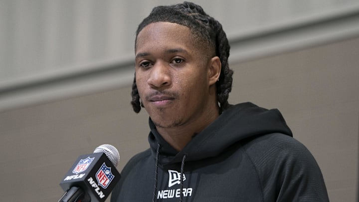 Feb 28, 2025; Indianapolis, IN, USA; Washington State wideout Kyle Williams (WO48) talks to the press during the 2025 NFL Combine at Indiana Convention Center. Mandatory Credit: Stephanie Amador Blondet-Imagn Images