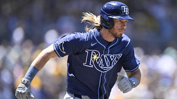 Tampa Bay Rays outfielder Travis Jankowski runs to first base during his debut on Sunday in San Diego. 