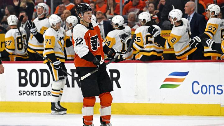 Sep 30, 2026; Philadelphia, Pennsylvania, USA; Philadelphia Flyers center Christian Dvorak (22) skates back to the bench after Pittsburgh Penguins center Evgeni Malkin (71) scored a goal during the second period at Xfinity Mobile Arena. Sep 30, 2026; Philadelphia, Pennsylvania, USA; Philadelphia Flyers center Christian Dvorak (22) skates back to the bench after Pittsburgh Penguins center Evgeni Malkin (71) scored a goal during the second period at Xfinity Mobile Arena.