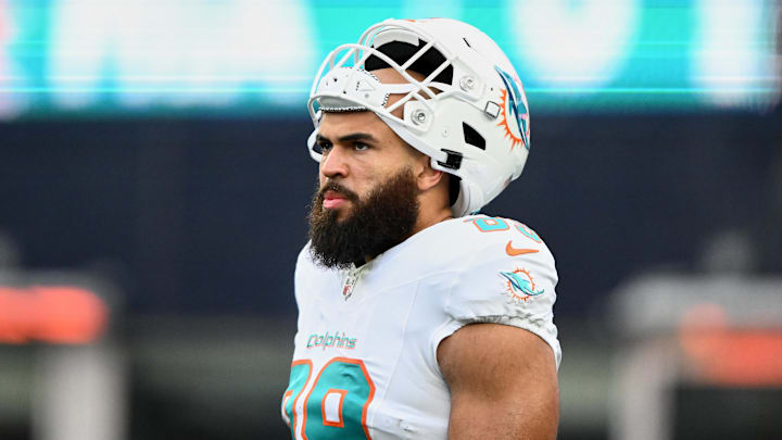 Jan 4, 2026; Foxborough, Massachusetts, USA; Miami Dolphins tight end Julian Hill (89) looks on before the game against the New England Patriots at Gillette Stadium. Mandatory Credit: Brian Fluharty-Imagn Images