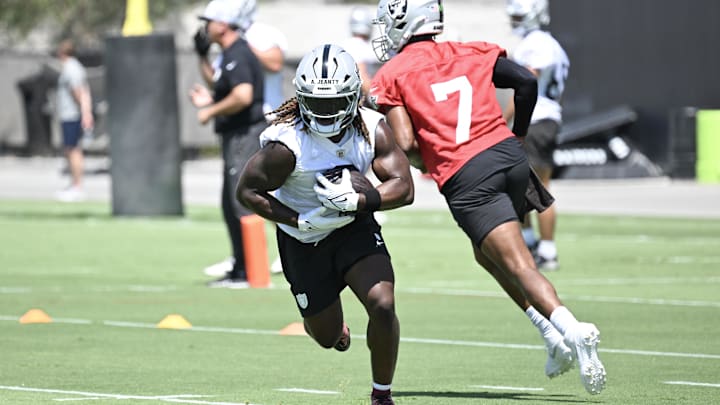 Jun 10, 2025; Henderson, NV, USA; Las Vegas Raiders running back Ashton Jeanty (2) runs through a drill during Las Vegas Raiders Minicamp at Intermountain Health Performance Center. Mandatory Credit: Candice Ward-Imagn Images