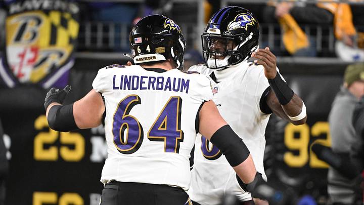 Jan 4, 2026; Pittsburgh, Pennsylvania, USA; Baltimore Ravens center Tyler Linderbaum (64) and Baltimore Ravens quarterback Lamar Jackson (8) react before the game at Acrisure Stadium. Mandatory Credit: Barry Reeger-Imagn Images Jan 4, 2026; Pittsburgh, Pennsylvania, USA; Baltimore Ravens center Tyler Linderbaum (64) and Baltimore Ravens quarterback Lamar Jackson (8) react before the game at Acrisure Stadium. Mandatory Credit: Barry Reeger-Imagn Images