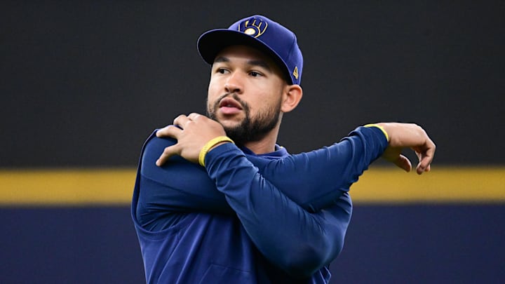 Oct 14, 2025; Milwaukee, Wisconsin, USA; Milwaukee Brewers center fielder Blake Perkins (16) warms up during batting practice prior to game two of the NLCS round against the Los Angeles Dodgers for the 2025 MLB playoffs at American Family Field. Mandatory Credit: Benny Sieu-Imagn Images Oct 14, 2025; Milwaukee, Wisconsin, USA; Milwaukee Brewers center fielder Blake Perkins (16) warms up during batting practice prior to game two of the NLCS round against the Los Angeles Dodgers for the 2025 MLB playoffs at American Family Field. Mandatory Credit: Benny Sieu-Imagn Images
