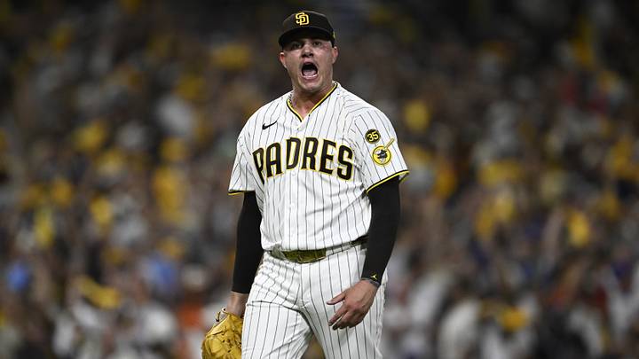Sep 30, 2026; San Diego, California, USA; San Diego Padres pitcher Adrian Morejon (50) reacts in the end of the eighth inning against the Chicago Cubs during game two of the Wildcard round for the 2026 MLB Playoffs at Petco Park. Mandatory Credit: Denis Poroy-Imagn Images Sep 30, 2026; San Diego, California, USA; San Diego Padres pitcher Adrian Morejon (50) reacts in the end of the eighth inning against the Chicago Cubs during game two of the Wildcard round for the 2026 MLB Playoffs at Petco Park. Mandatory Credit: Denis Poroy-Imagn Images