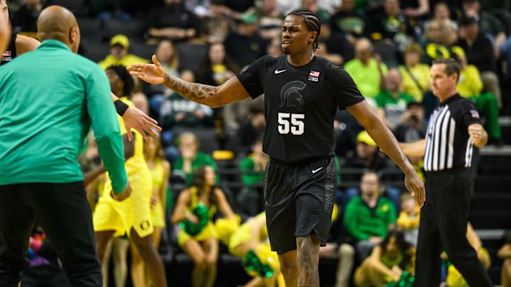 Jan 20, 2026; Eugene, Oregon, USA; Michigan State Spartans forward Coen Carr (55) heads for the bench after a called timeout by the Oregon Ducks during the second half at Matthew Knight Arena. Mandatory Credit: Craig Strobeck-Imagn Images