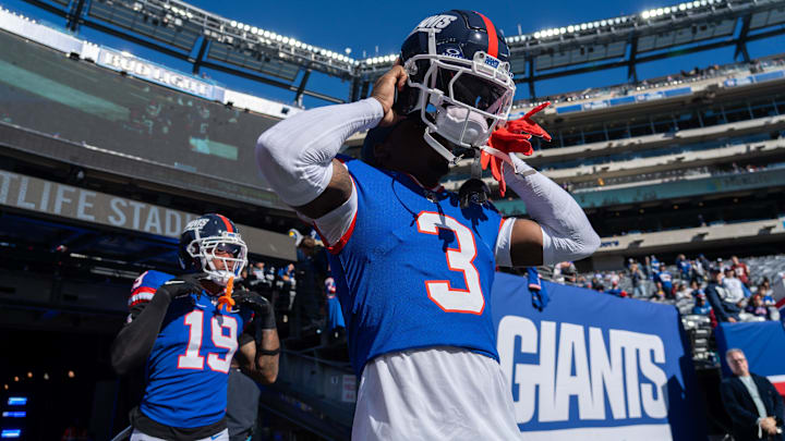 New York Giants cornerback Deonte Banks (3) walks out of the tunnel prior to the start of the game between the New York Giants and the Washington Commanders at MetLife Stadium in East Rutherford on Sunday, Nov. 3, 2024.