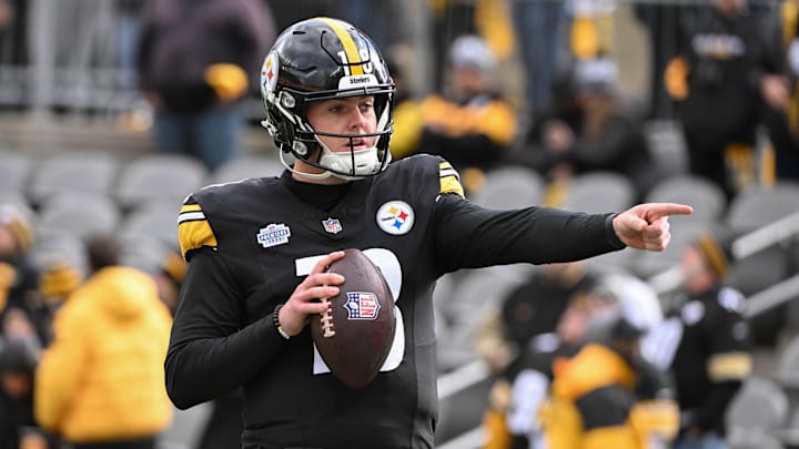 Nov 16, 2025; Pittsburgh, Pennsylvania, USA; Pittsburgh Steelers quarterback Will Howard (18) warms up before a game against the Cincinnati Bengals at Acrisure Stadium. Mandatory Credit: Barry Reeger-Imagn Images