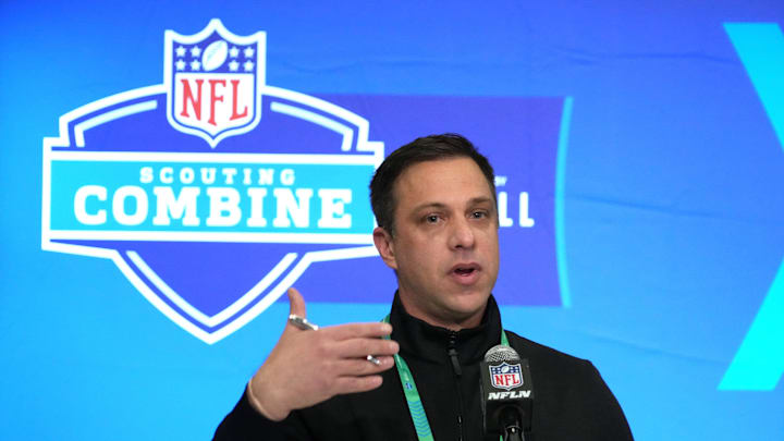 Feb 27, 2024; Indianapolis, IN, USA; Kansas City Chiefs general manager Brett Veach speaks during a press conference at the NFL Scouting Combine at Indiana Convention Center. Mandatory Credit: Kirby Lee-Imagn Images Feb 27, 2024; Indianapolis, IN, USA; Kansas City Chiefs general manager Brett Veach speaks during a press conference at the NFL Scouting Combine at Indiana Convention Center. Mandatory Credit: Kirby Lee-Imagn Images