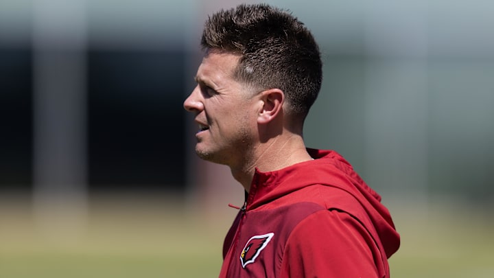 May 8, 2026; Tempe, AZ, USA; Arizona Cardinals head coach Mike LaFleur during rookie minicamp at Dignity Health Arizona Cardinals Training Center. Mandatory Credit: Mark J. Rebilas-Imagn Images