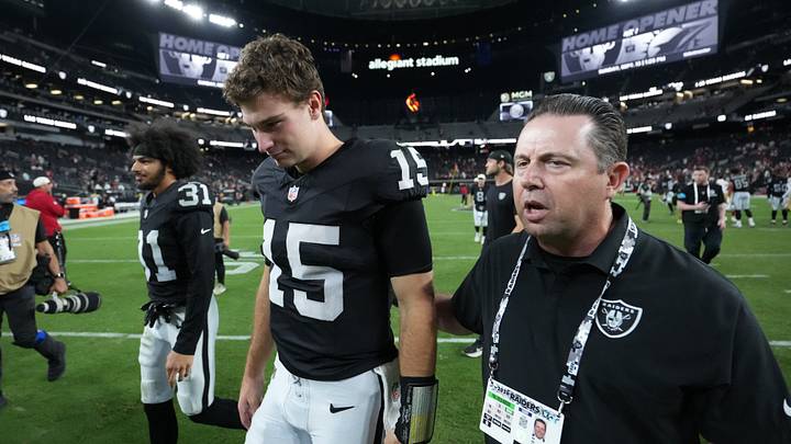 Aug 27, 2026; Paradise, Nevada, USA; Las Vegas Raiders communications vice president Will Kiss escorts quarterback Fernando Mendoza (15) and safety Treydan Stukes (31) after the game against the San Francisco 49ers at Allegiant Stadium. Mandatory Credit: Kirby Lee-Imagn Images Aug 27, 2026; Paradise, Nevada, USA; Las Vegas Raiders communications vice president Will Kiss escorts quarterback Fernando Mendoza (15) and safety Treydan Stukes (31) after the game against the San Francisco 49ers at Allegiant Stadium. Mandatory Credit: Kirby Lee-Imagn Images