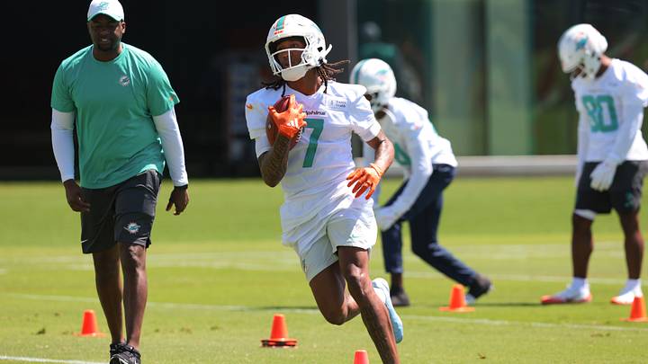 Miami Dolphins wide receiver Caleb Douglas (7) works during rookie minicamp at the Baptist Health Training Complex. Miami Dolphins wide receiver Caleb Douglas (7) works during rookie minicamp at the Baptist Health Training Complex.