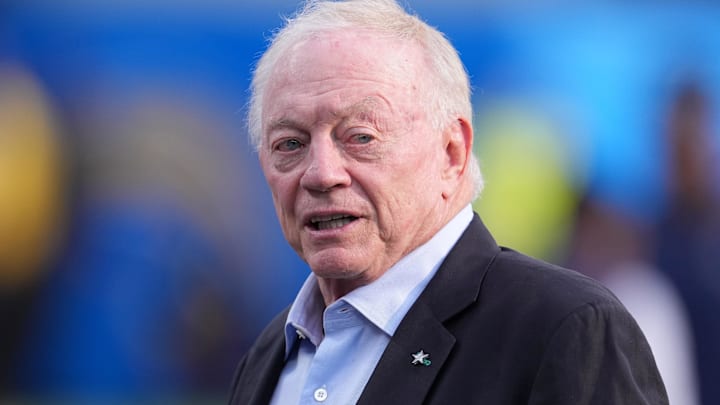 Aug 20, 2022; Inglewood, California, USA; Dallas Cowboys owner Jerry Jones reacts before the game against the Los Angeles Chargers at SoFi Stadium.