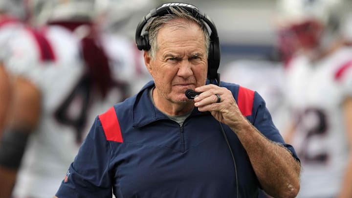 Oct 31, 2021; Inglewood, California, USA; New England Patriots head coach Bill Belichick watches
