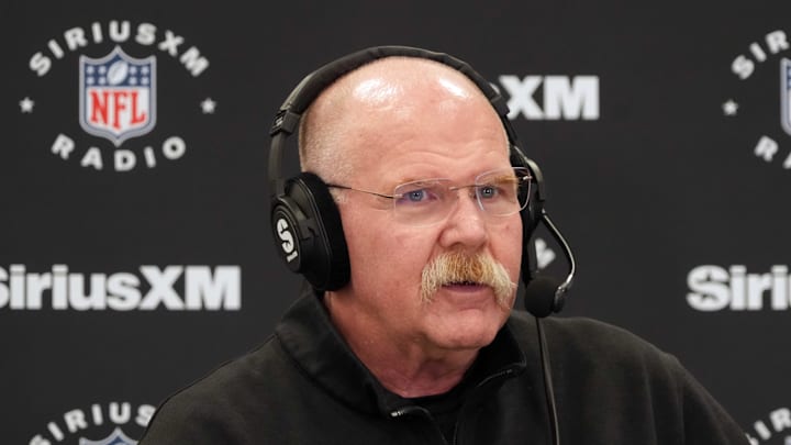 Feb 25, 2025; Indianapolis, IN, USA; Kansas City Chiefs oach Andy Reid on the SiriusXM radio set at the NFL Scouting Combine at the Indiana Convention Center. Mandatory Credit: Kirby Lee-Imagn Images