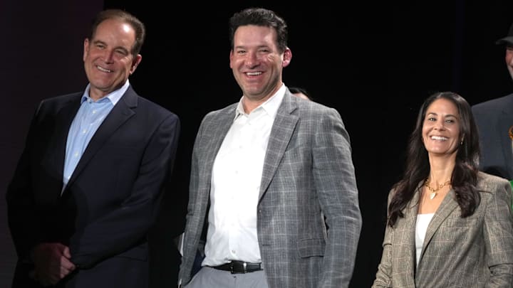 CBS Sports play-by-play announcer Jim Nantz, analyst Tony Romo and sideline reporter Tracy Wolfson at press conference. CBS Sports play-by-play announcer Jim Nantz, analyst Tony Romo and sideline reporter Tracy Wolfson at press conference.