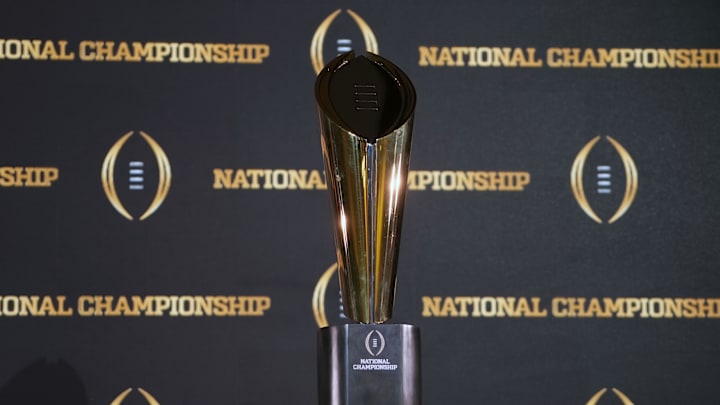 Jan 9, 2024; Houston, TX, USA; The College Football National Championship trophy at press conference at JW Marriot Houston by the Galleria. Mandatory Credit: Kirby Lee-Imagn Images