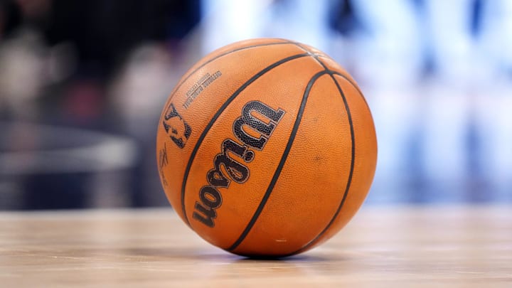Apr 9, 2025; Inglewood, California, USA A Wilson official NBA basketball on the court at the Intuit Dome. Mandatory Credit: Kirby Lee-Imagn Images