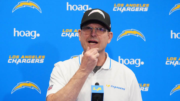 Apr 2, 2024; Costa Mesa, CA, USA; Los Angeles Chargers coach Jim Harbaugh speaks at press conference
