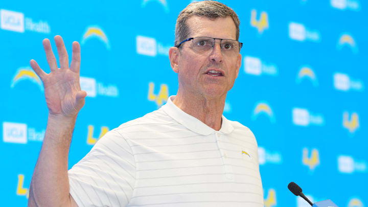 Los Angeles Chargers coach Jim Harbaugh during press conference at The Bolt. Los Angeles Chargers coach Jim Harbaugh during press conference at The Bolt.