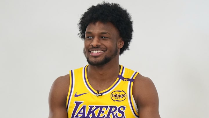 Sep 30, 2024; El Segundo, CA, USA; Los Angeles Lakers guard Bronny James (9) during media day at the UCLA Health Training Center.