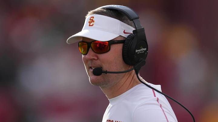Nov 30, 2024; Los Angeles, California, USA; Southern California Trojans head coach Lincoln Riley reacts against the Notre Dame Fighting Irish in the second half at United Airlines Field at Los Angeles Memorial Coliseum. Mandatory Credit: Kirby Lee-Imagn Images