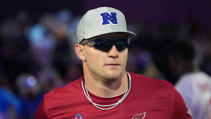 NFC tight end Trey McBride of the Arizona Cardinals (85) during the Satisfying Catch event at the Pro Bowl Skills Challenge at Nicholson Fieldhouse. Mandatory Credit: Kirby Lee-Imagn Images