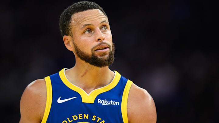 Nov 4, 2025; San Francisco, California, USA; Golden State Warriors guard Stephen Curry (30) looks on against the Phoenix Suns in the third quarter at Chase Center. 