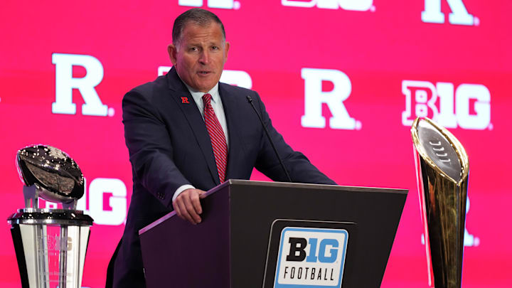 Jul 22, 2025; Las Vegas, NV, USA; Rutgers head coach Greg Schiano speaks to the media during the Big Ten NCAA college football media days at Mandalay Bay Resort. Mandatory Credit: Lucas Peltier-Imagn Images