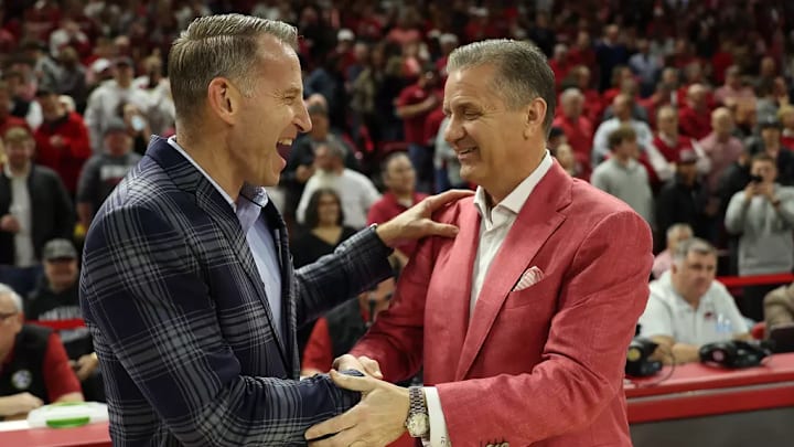 Alabama basketball coach Nate Oats and Arkansas basketball coach John Calipari shake hands against Arkansas at Bud Walton Arena in Fayetteville, AR on Saturday, Feb 8, 2025.