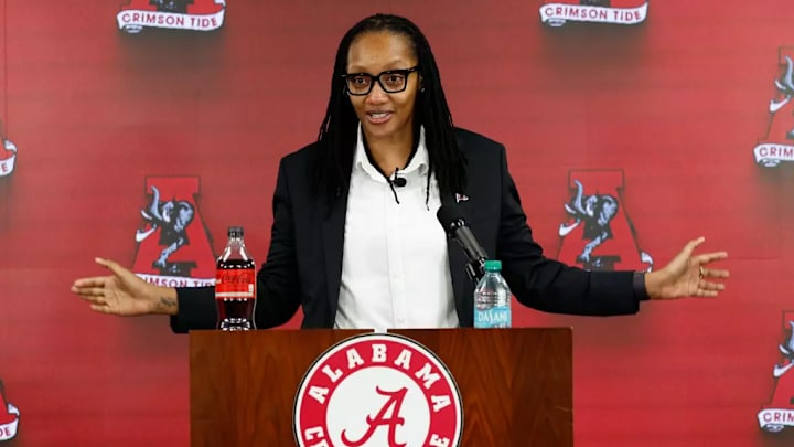Alabama Women's Basketball Head Coach Pauline Love talks during the New Coach Press Conference at Mal. M. Moore Athletic Facility in Tuscaloosa, AL on Thursday, Apr 2, 2026.