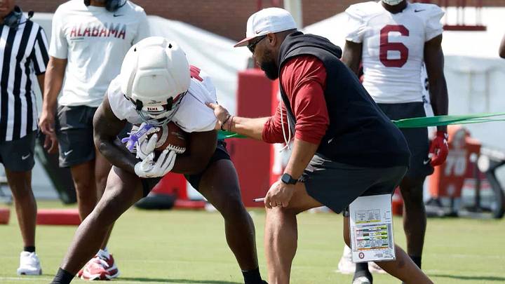8/6/26 MFB Fall Practice 2 Alabama Running Back EJ Crowell (13) Alabama Football Assistant Head Coach (Running Backs) Robert Gillespie Photo by Kent Gidley 8/6/26 MFB Fall Practice 2 Alabama Running Back EJ Crowell (13) Alabama Football Assistant Head Coach (Running Backs) Robert Gillespie Photo by Kent Gidley