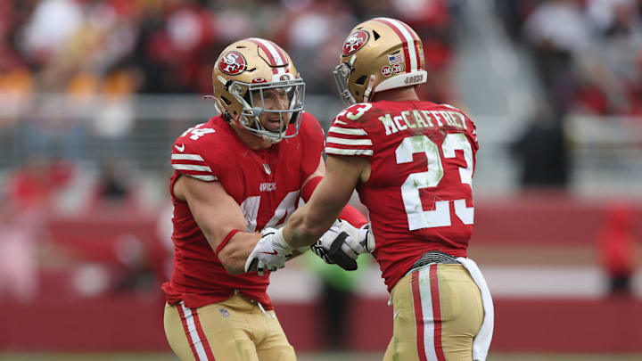 San Francisco 49ers Christian McCaffrey and Kyle Juszczyk on December 11, 2022.
