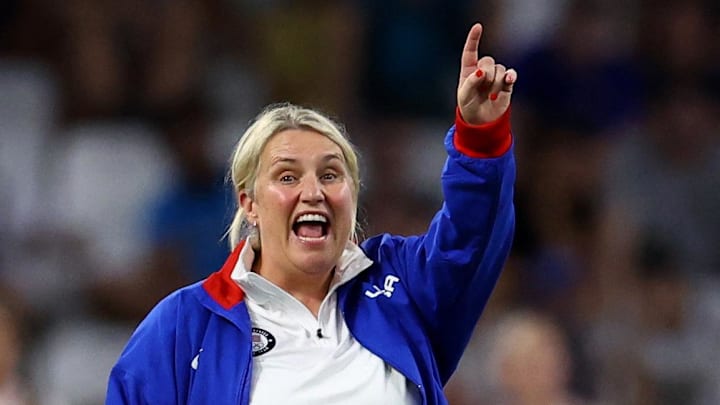 Emma Hayes coach of United States emoting on the sidelines 